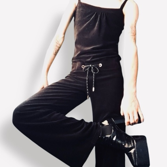 JUICY COUTURE Black Velour Wide Leg Romper Jumpsuit w Drawstring Waist Y2K - Picture 4 of 12